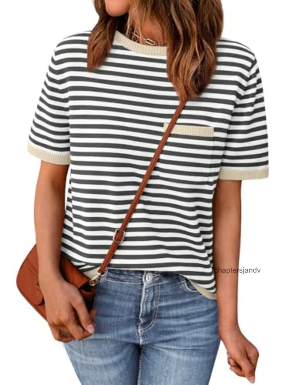 Striped Short Sleeve Sweater Top with Chest Pocket Crew Neck Pullover